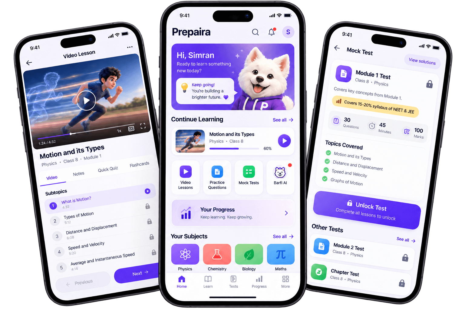 PrepAIra mobile learning app showing lessons, practice and mock tests